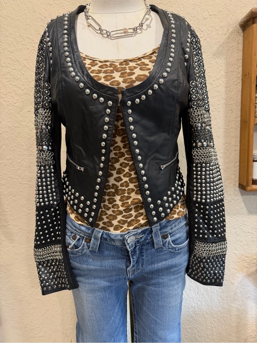 Vintage Bebe Bobbie Studded Crop Black leather Jacket RARE Size Small
